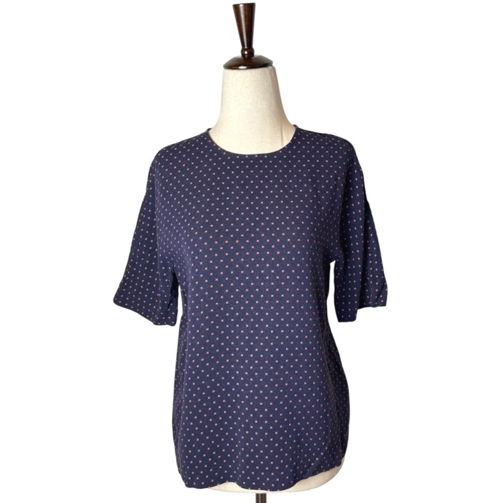 Sandro Paris Shirt Women Medium Blue Red X‎ Print Short Sleeve Split Back Top